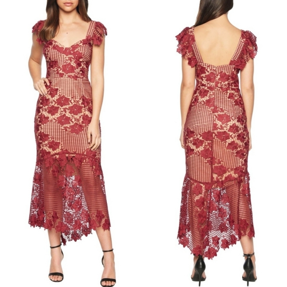 Bardot Lucy Midi Floral Lace Dress Boysenberry Burgandy 6
